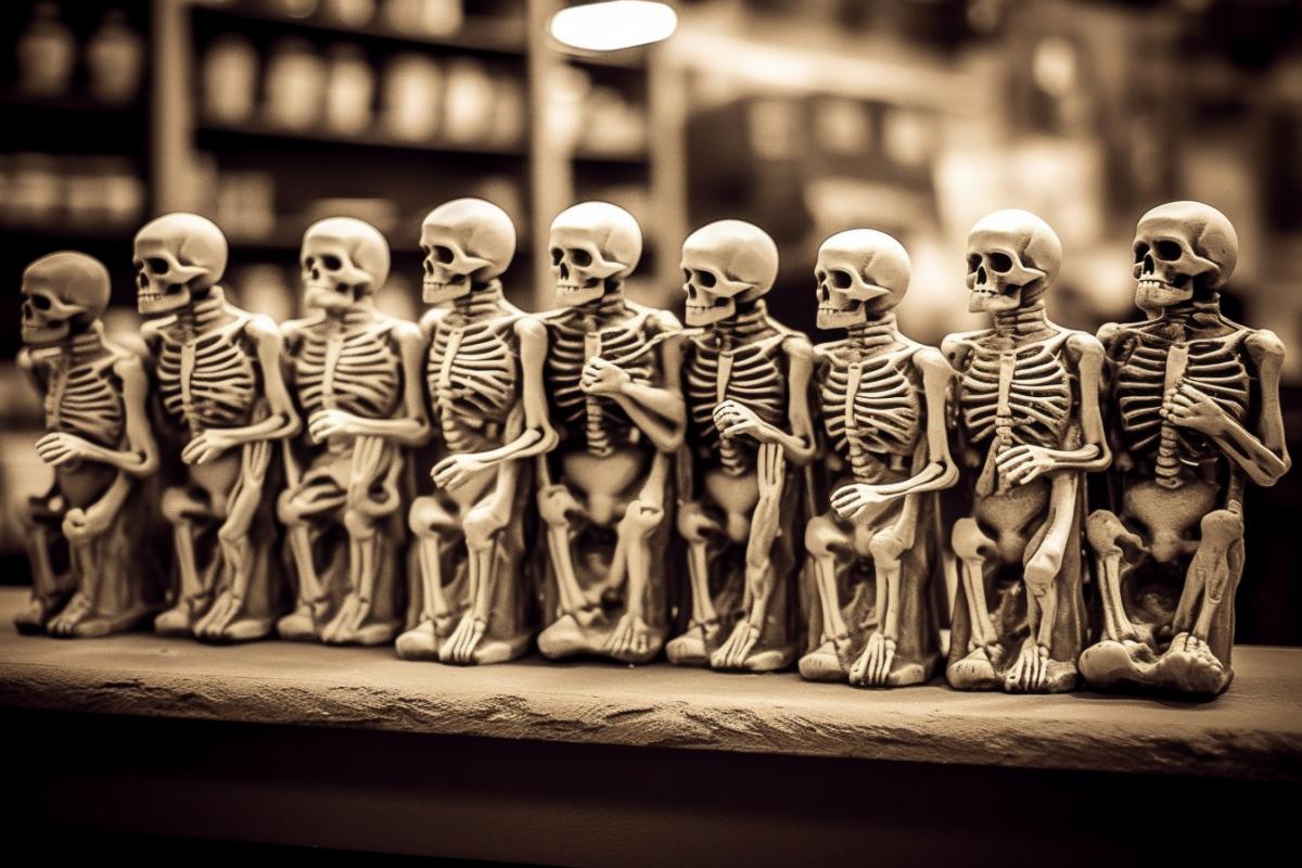 Skeletons stand in line at the pharmacy