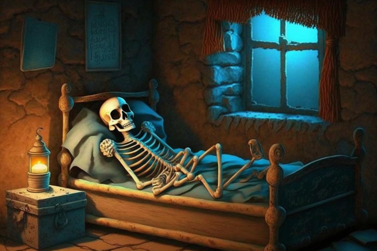 The skeleton sleeps in a cozy bed, good night!