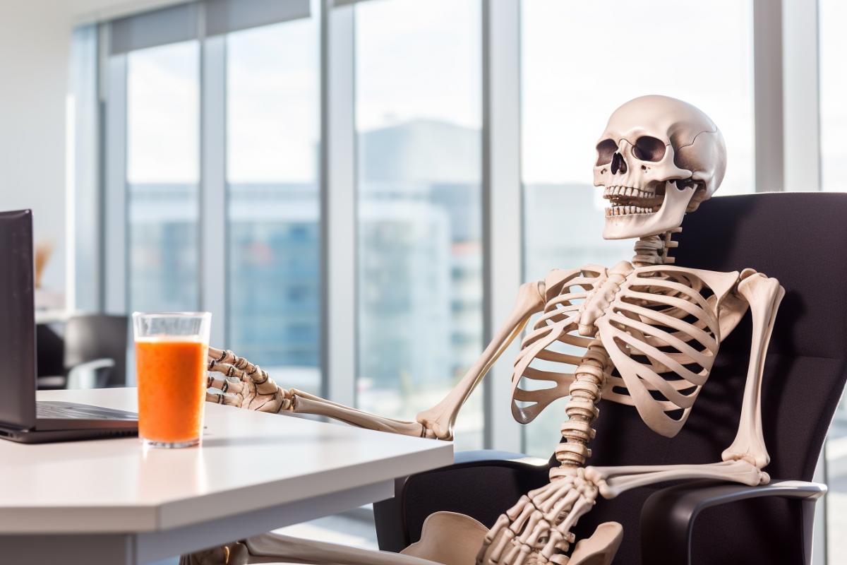 Skeleton programmer working in the office drinking coffee