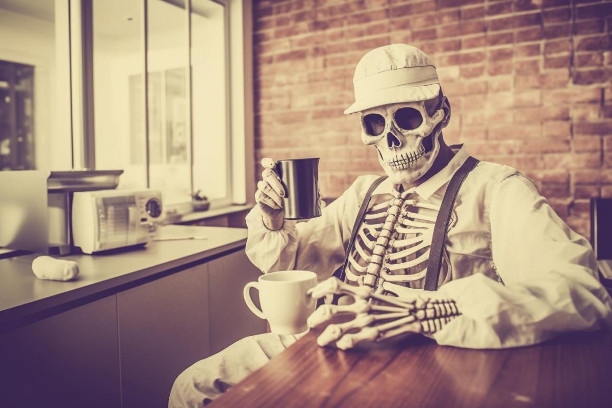 Skeleton programmer working in the office drinking coffee