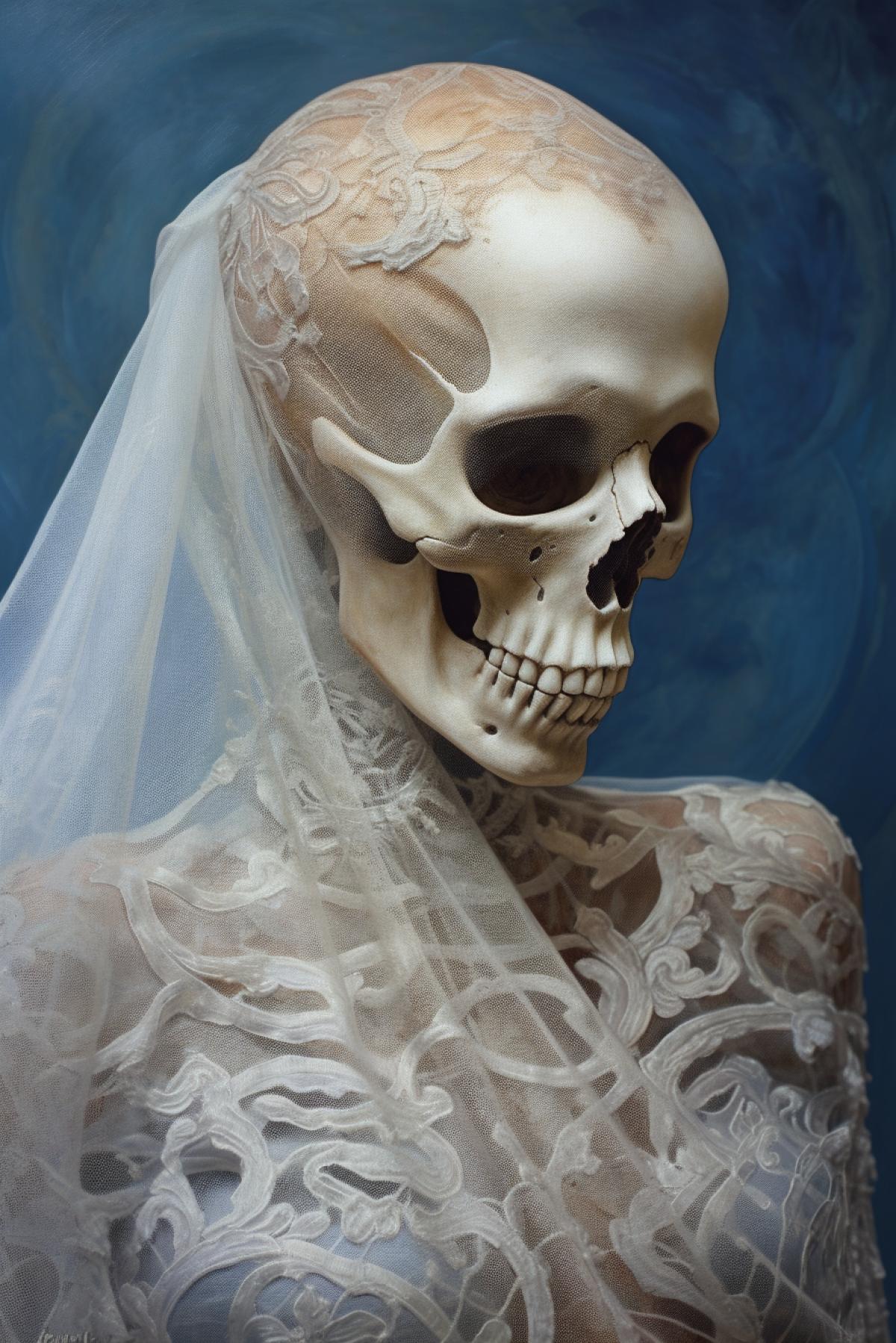 perfect skeletal portrait, Metamorphosis Painting, knowledge of anatomy, ingigo background color, muted background with elegant ornamented textile drapery, luxury photography, close-up, macro photography, National Geographic photography, extremely detailed background, photorealistic look around this matte image, unrealistic engine, hyperrealism , surreal art, digital art, digital painting, world light production, soft lighting, extreme background details, photorealism, dynamic com4k, 8k, ultra resolution, surrealism, Rembrandt lighting
