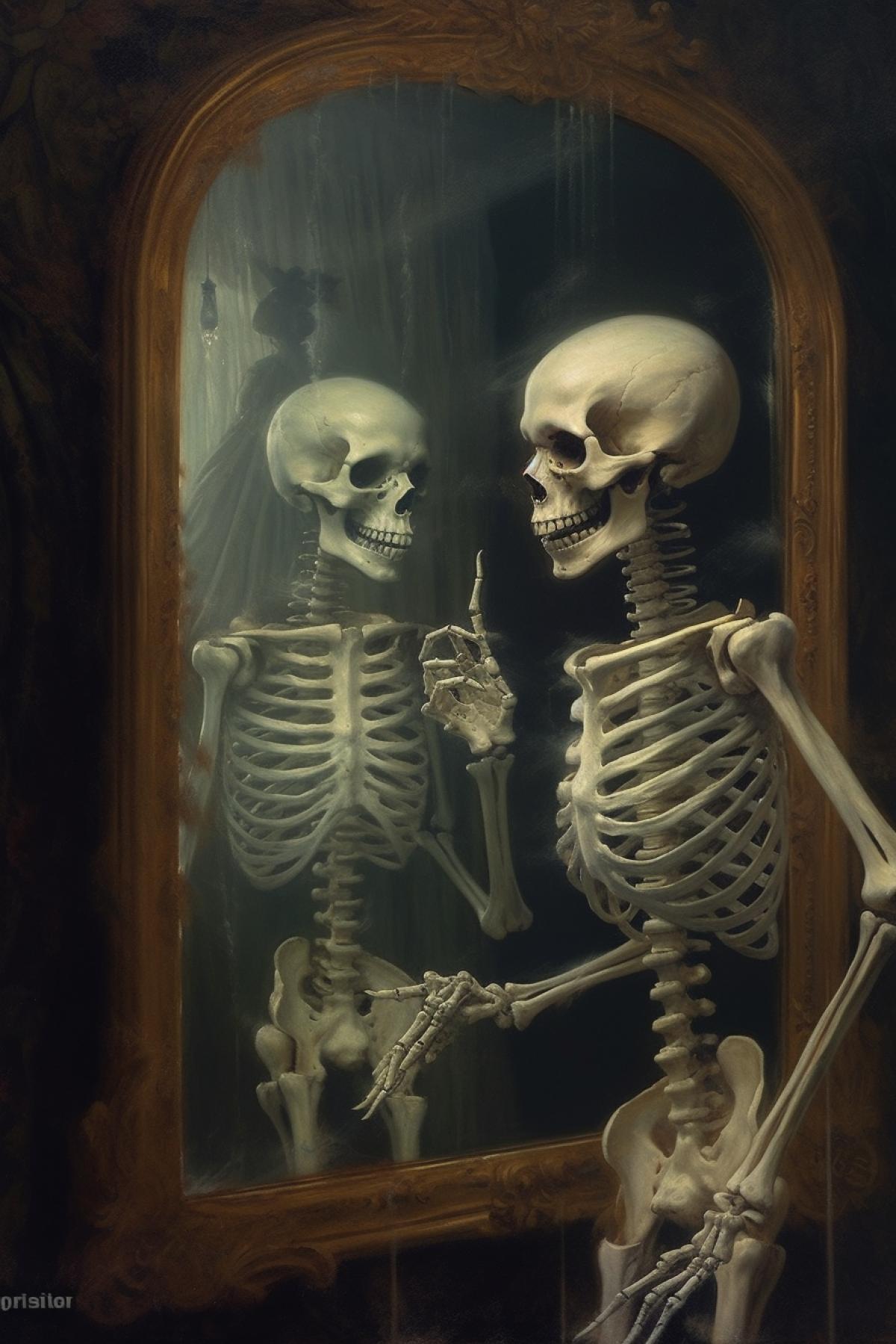 The skeleton looks in the mirror and sees a normal cheerful person in the reflection