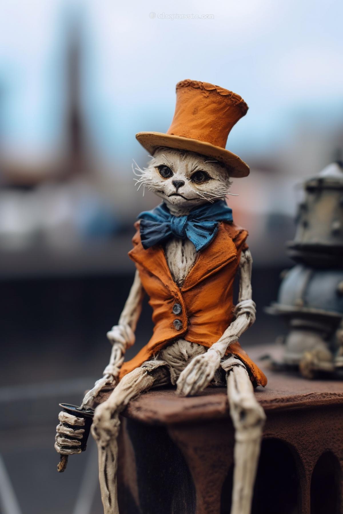 The skeleton of a cat in a blue hat and an orange tie sits on the roof close-up