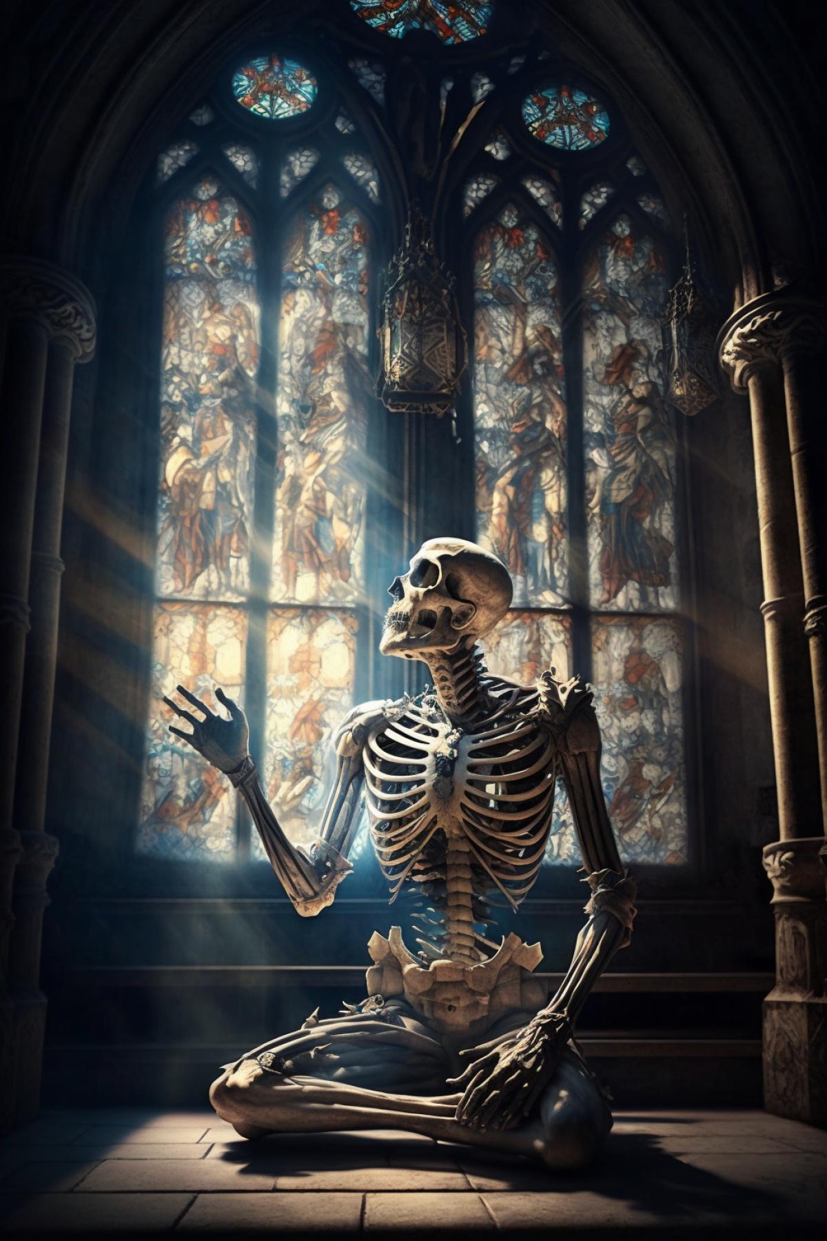 a skeleton prays on his knees in a church, the rays of the sun break through the stained glwindow, high detail