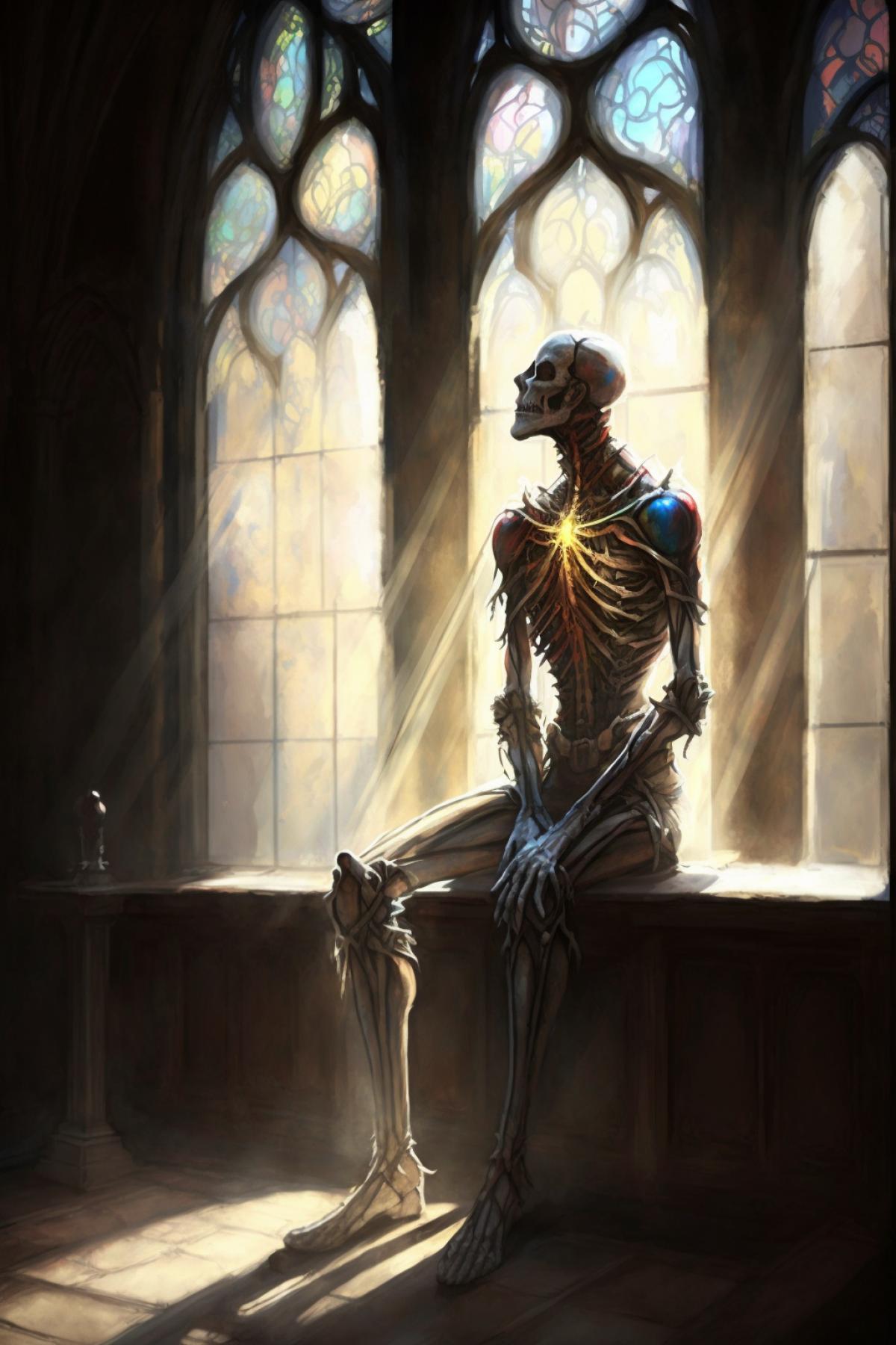 a skeleton prays on his knees in a church, the rays of the sun break through the stained glwindow, high detail