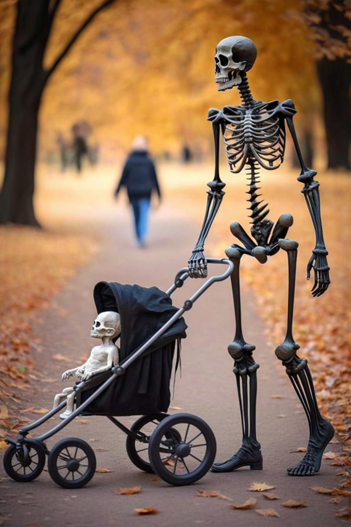 A child is walking with a stroller, a skeleton is sitting in the stroller.