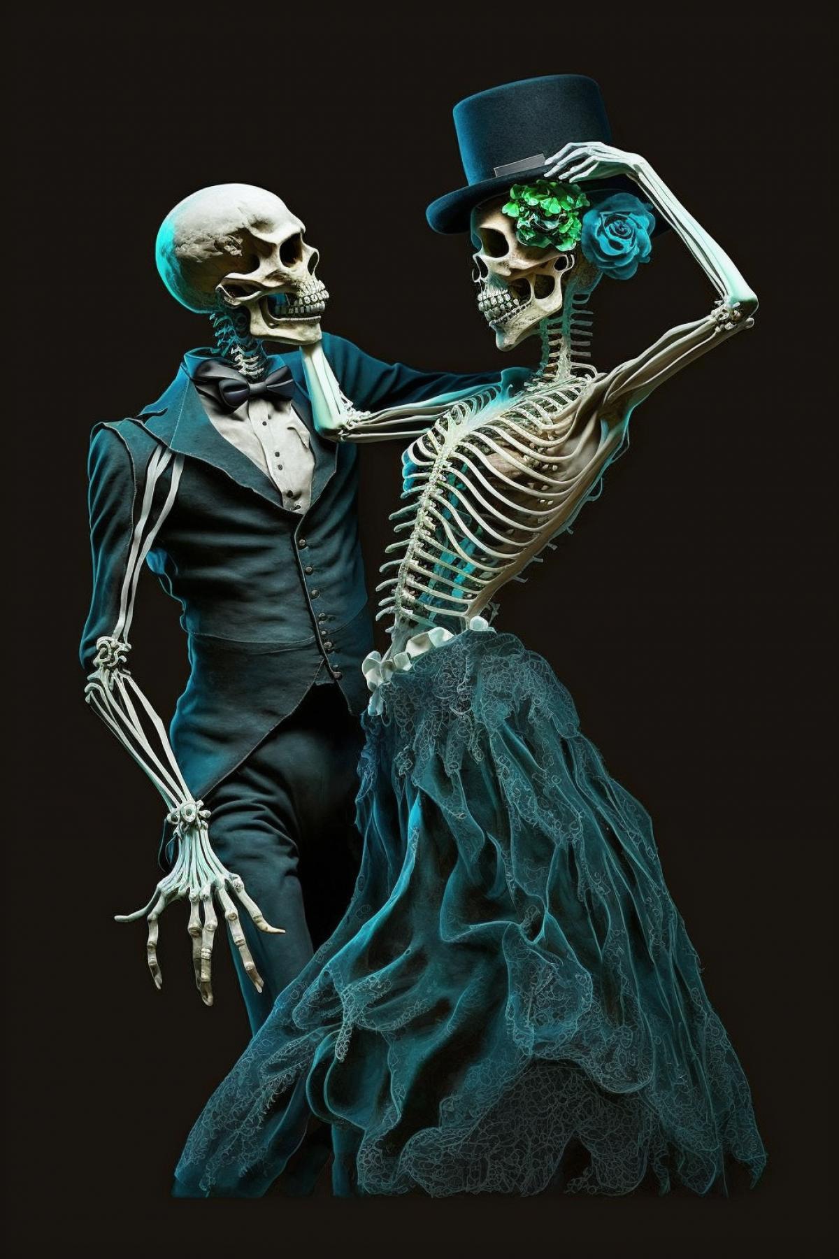 two skeletons dancing tango, top hat, evening dress, high detail