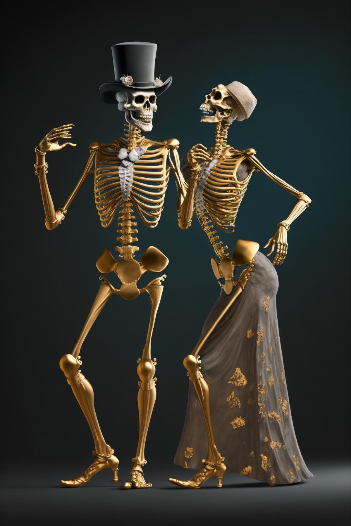 two skeletons dancing tango, top hat, evening dress, high detail