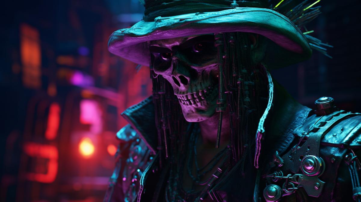 cyberpunk skeleton pirate, glowing eyes, full body, pirate hat, Bright colors, soft lighting, detailed face, intricate details, highly detailed , UHD, HDR, hyper details, rich colors,4k, professional foto, high resolution, high detail, hyperrealism