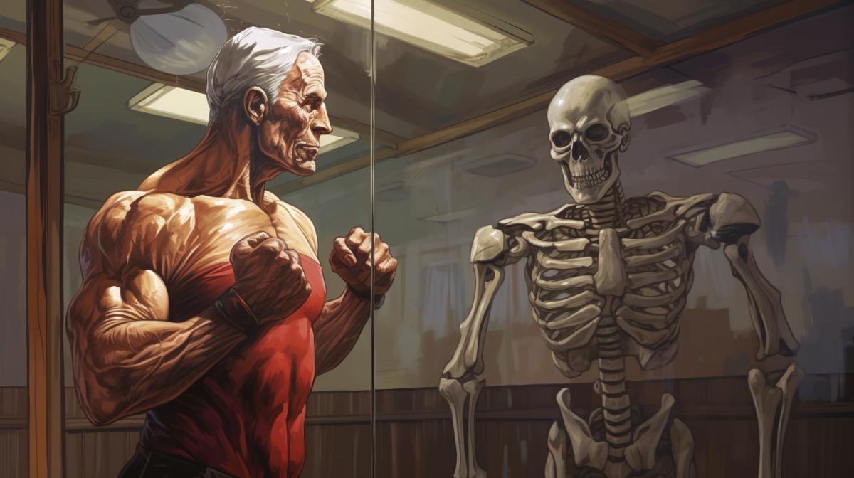 A 65 year old man in profile, very muscular and wearing boxing gloves, practicing shadowboxing in a dilapidated gym, has a mirror behind him reflecting a skeleton dressed like him, oil painting style, fine line, vibrant color