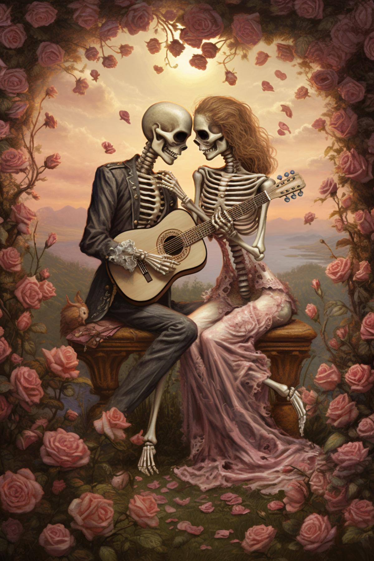 a cute male skeleton proposing love to a beautiful female skeleton in an intricately detailed romantic atmosphere with elements of music and nature, surreal and photorealistic