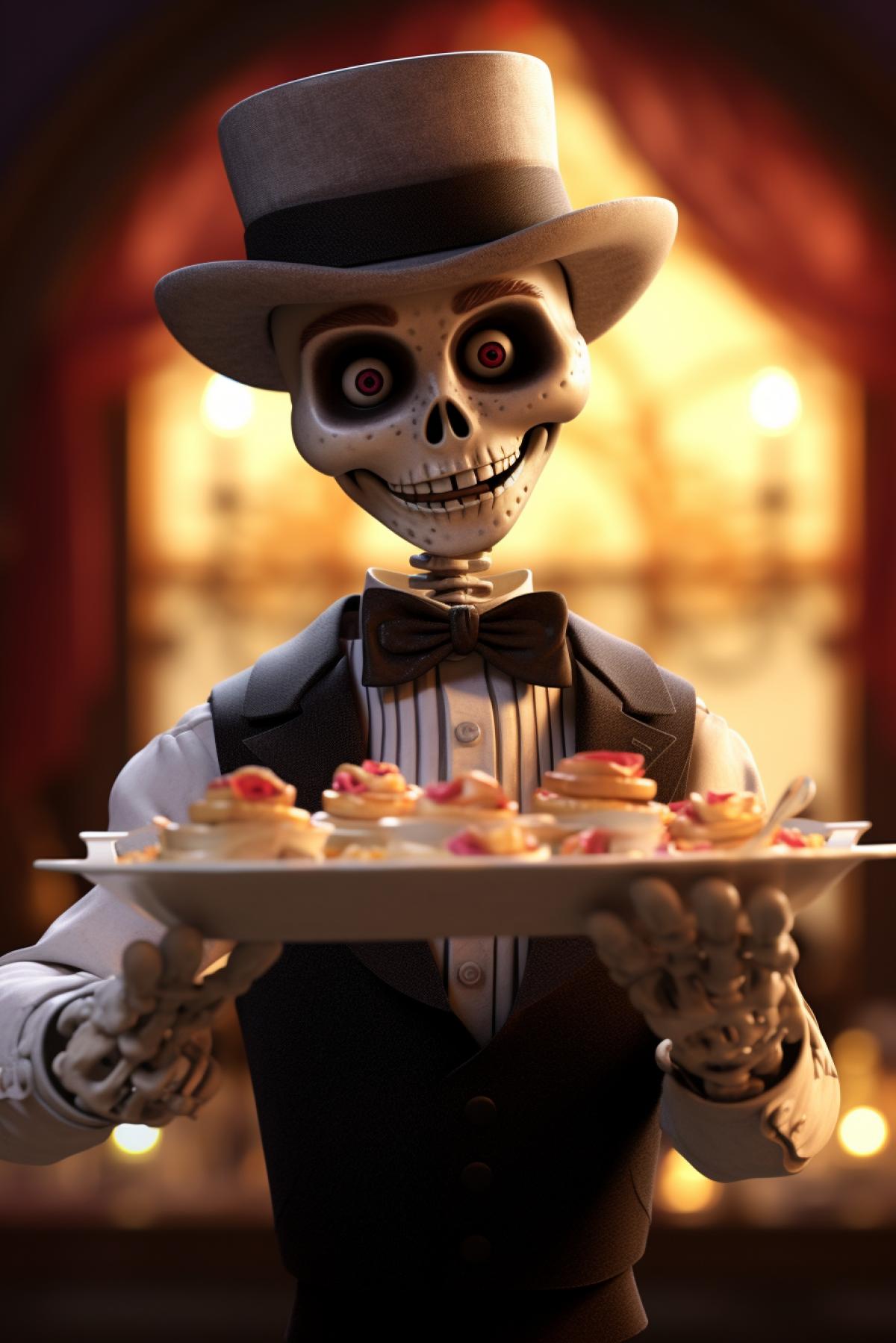 Tiny cute and adorable skeleton waiter holding a plate of food, intricate stunning, by artgerm, by pixar, portrait, soft studio lighting, ultra realistic, photorealistic, octane render, unreal engine, hyper detailed, volumetric lighting, hdr, octane render, fiery background, 4k, 8K