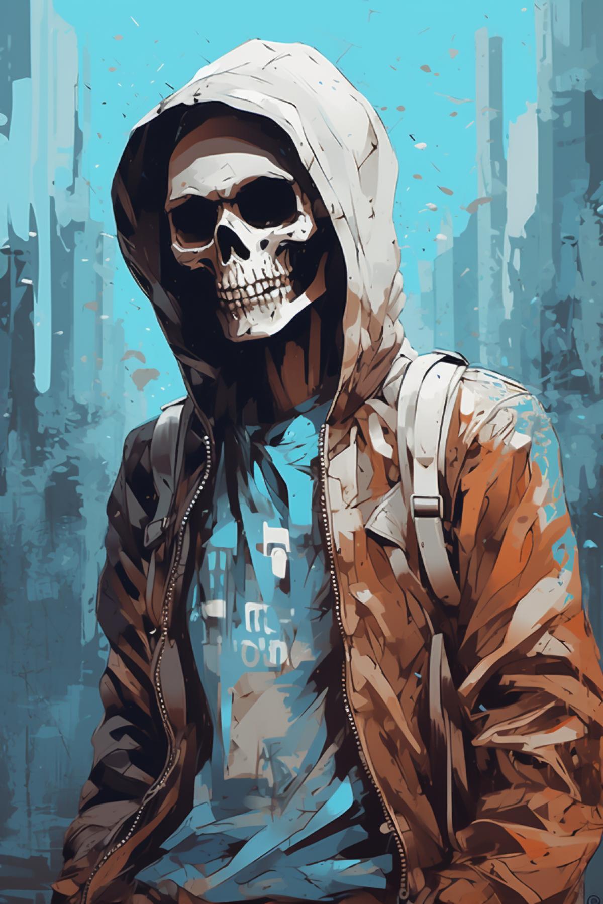 A painting of a skeleton is shown, in the style of hip hop style, street fashion, uhd image, brown and azure, 2d, gadgetpunk, ryky