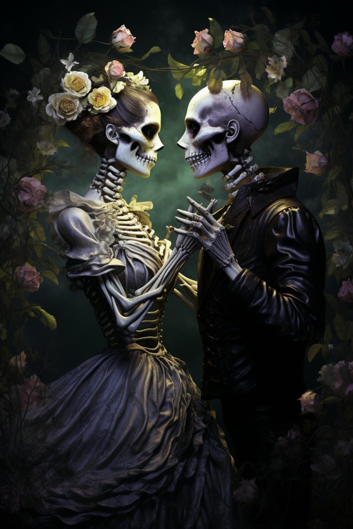 Man and woman, side-by-side, skeletons, flowers, dramatic lighting, hyper realistic , 4k, dark oil painting, arcane render