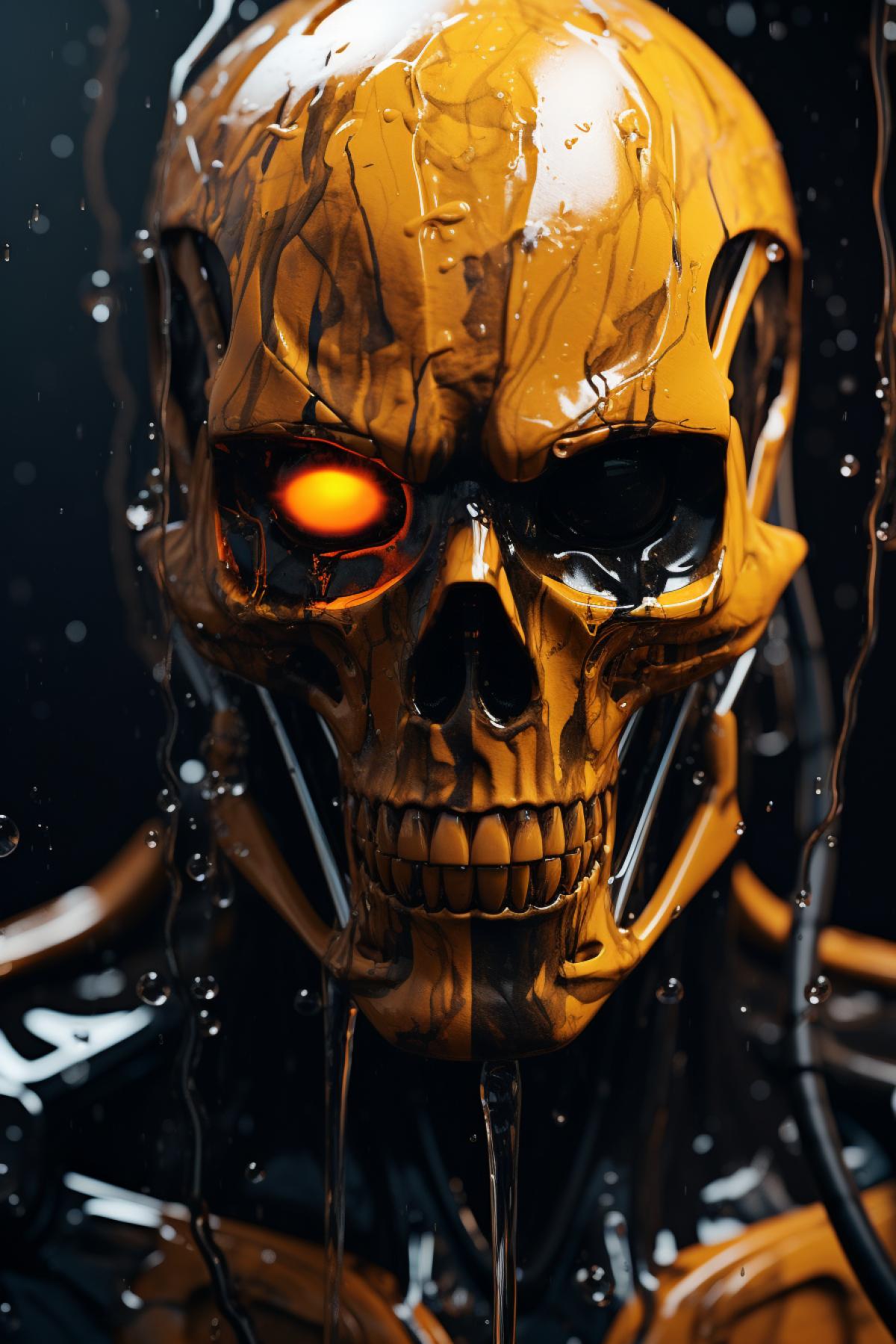 A skeleton made of water and orange with a paint job and face, in the style of futuristic settings, precisionist, superheroes, dark yellow, 32k uhd, machine aesthetics, strong facial expression