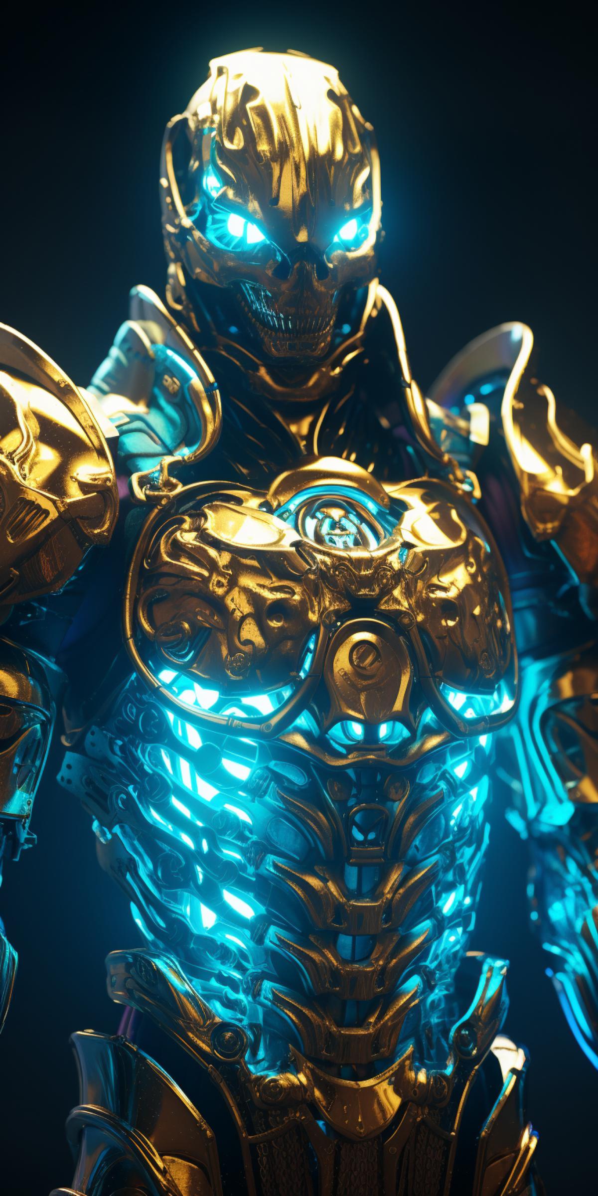 Character design skeleton guardian , futuristic persian armor , iridescent, full body shot, depth of field, hyper realistic, fantasy, photorealism, hellfire color graded, super adobe, 8k, full hd, cinematic, insanely detailed, illustration style, octane render, dramatic lighting