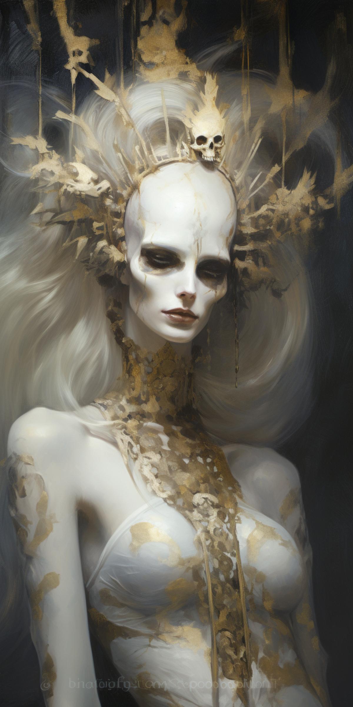 white and gold skeleton wearing crowns, aristocratic, an ultrafine detailed painting by Lise Deharme, cgsociety, gothic art, gothic, apocalypse art, dystopian art