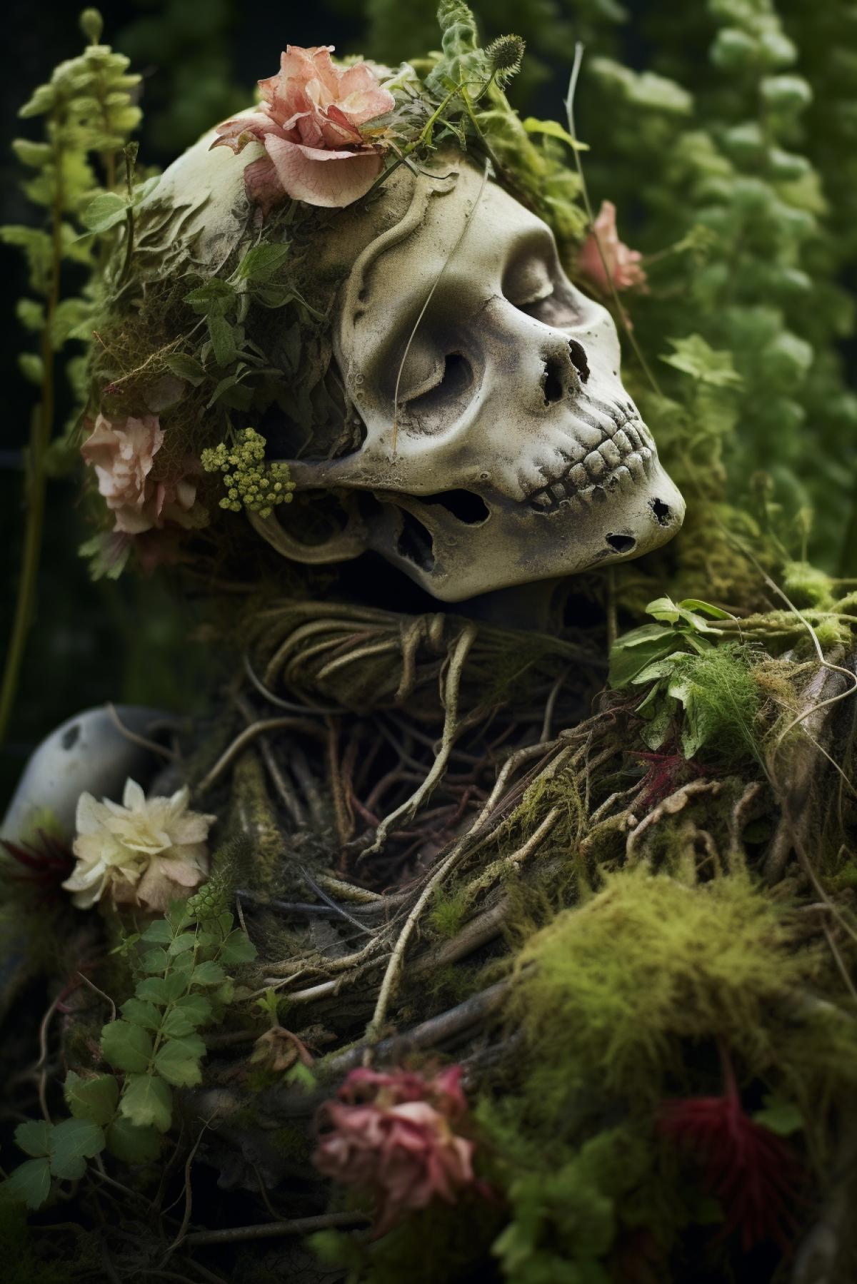 Skeleton overgrown with moss and flowers, photorealism, beautiful, atmospheric