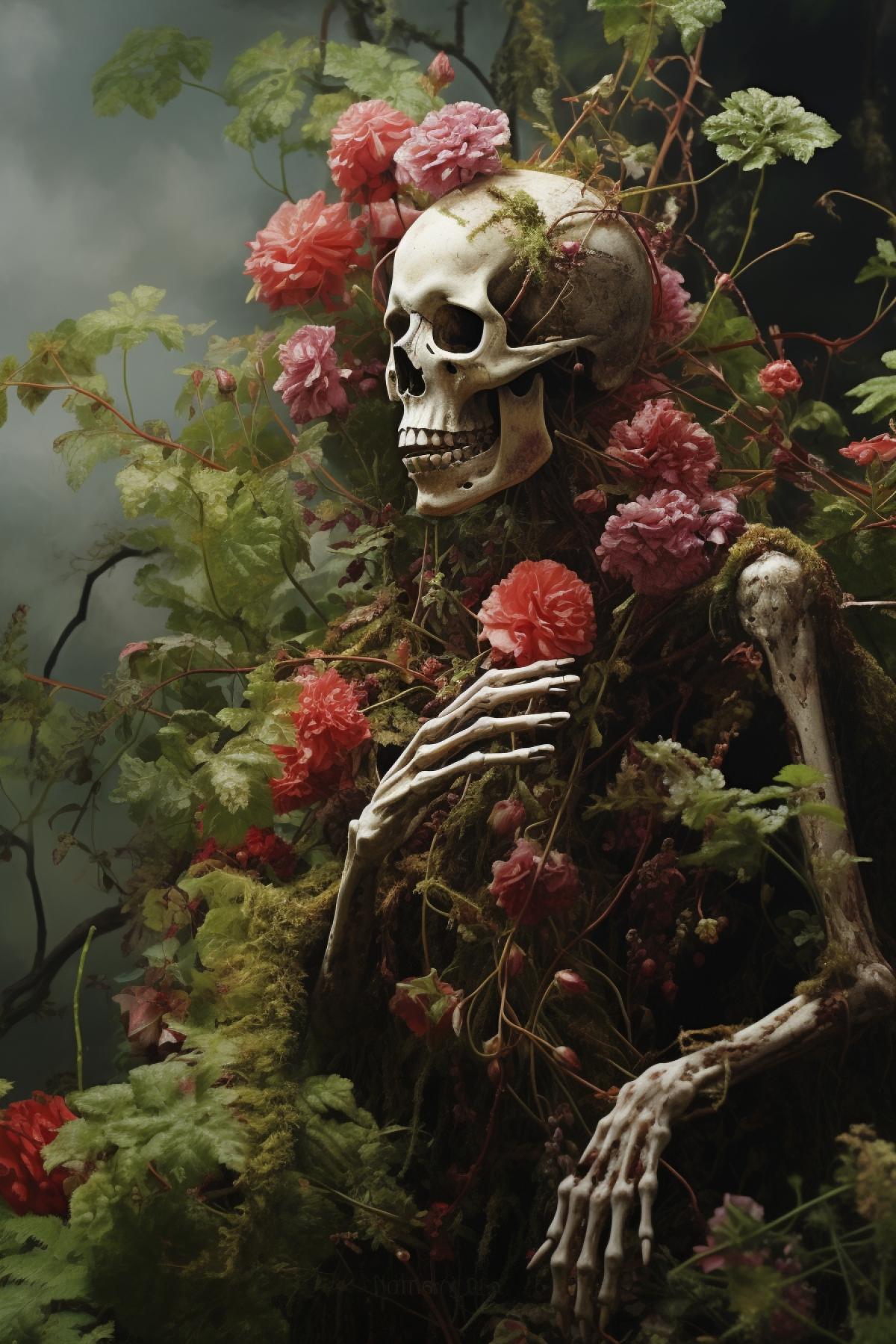 Skeleton overgrown with moss and flowers, photorealism, beautiful, atmospheric