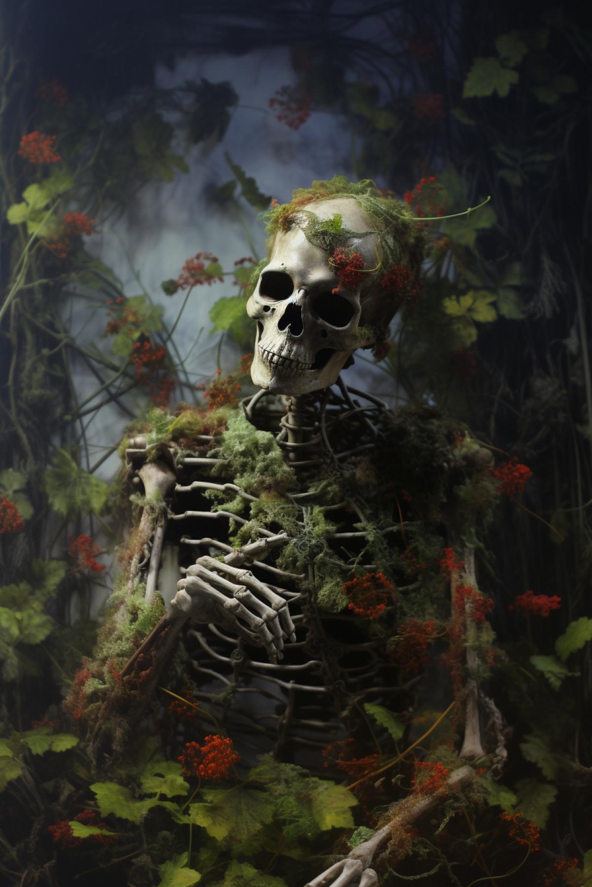 Skeleton overgrown with moss and flowers, photorealism, beautiful, atmospheric