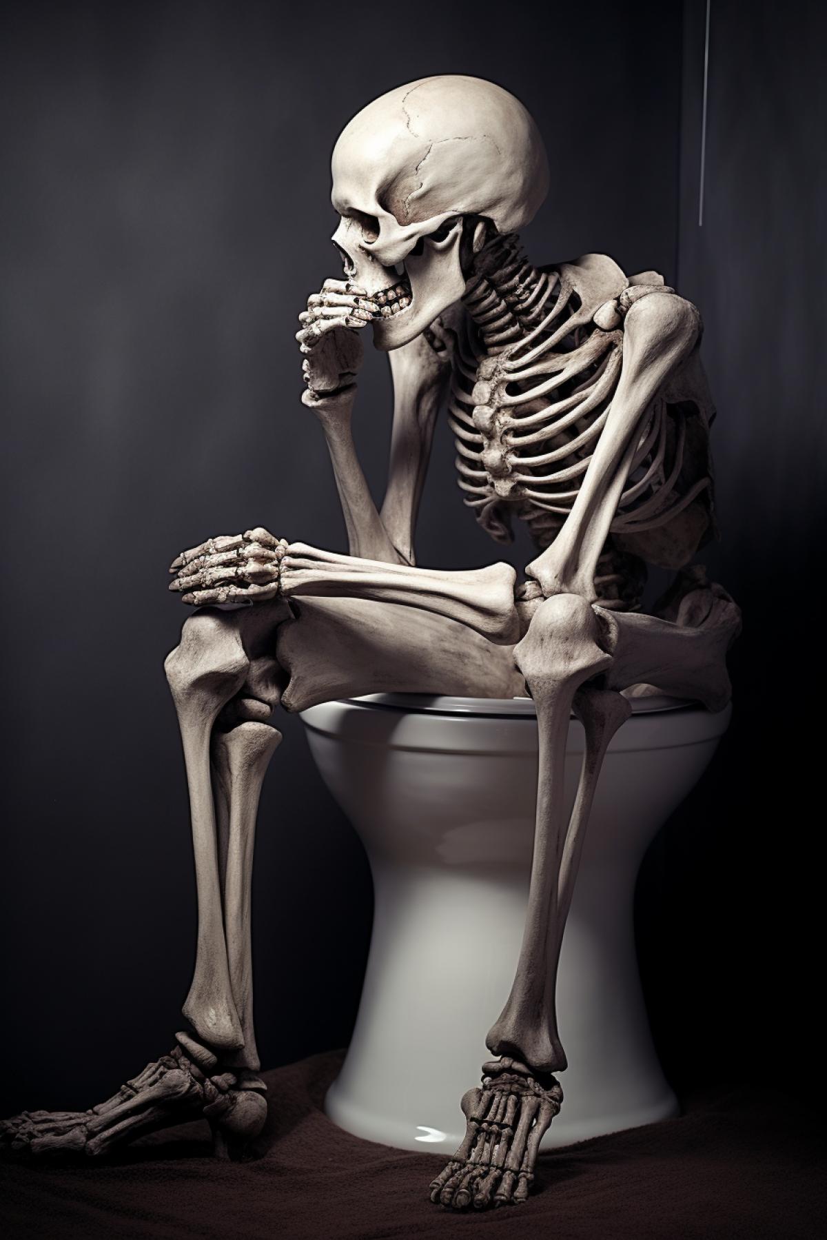 Pensive Skeleton sits on toilet, photorealism