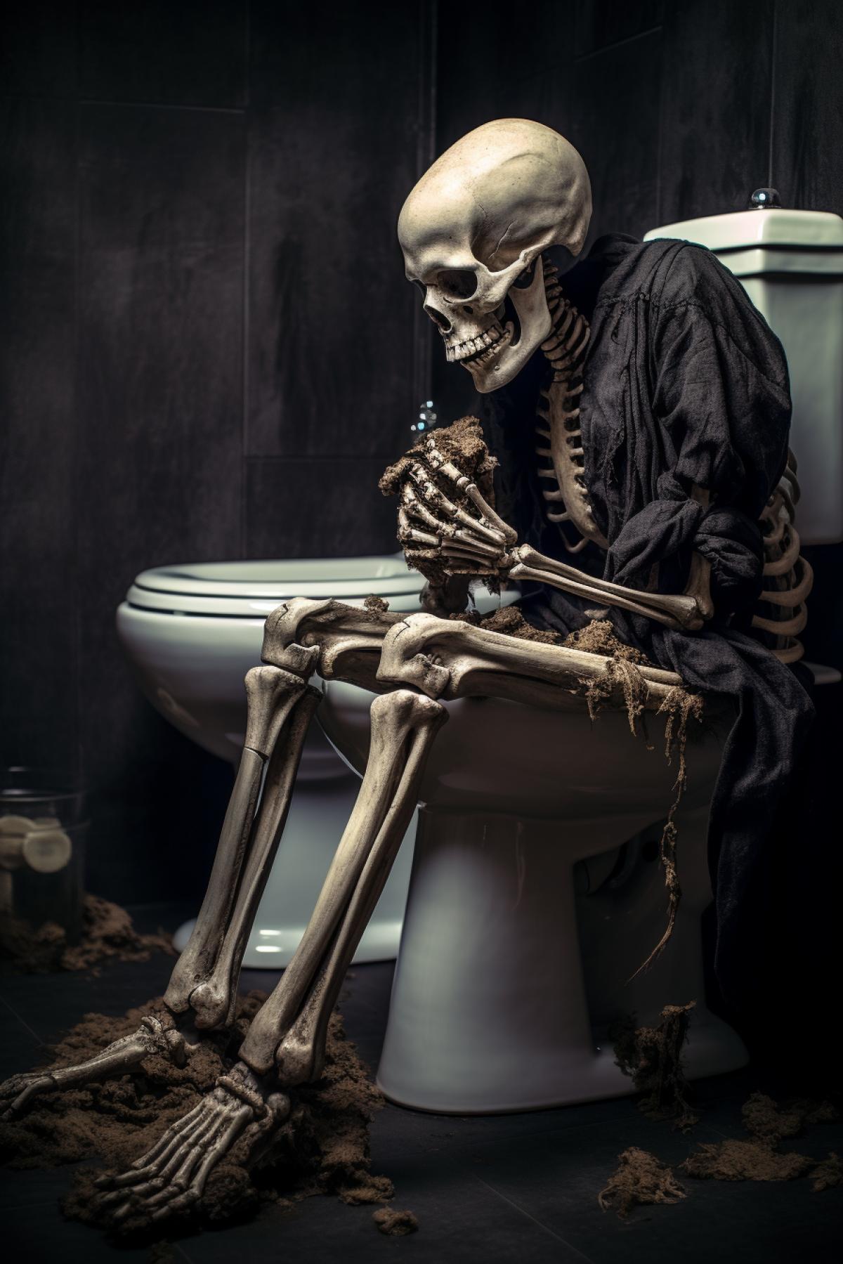 Pensive Skeleton sits on toilet, photorealism
