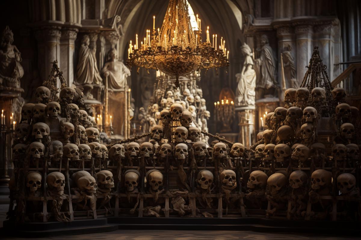 Ossuary in Sedlec, Church of All Saints, Kutna Hora, Czech Republic, interior, photorealism