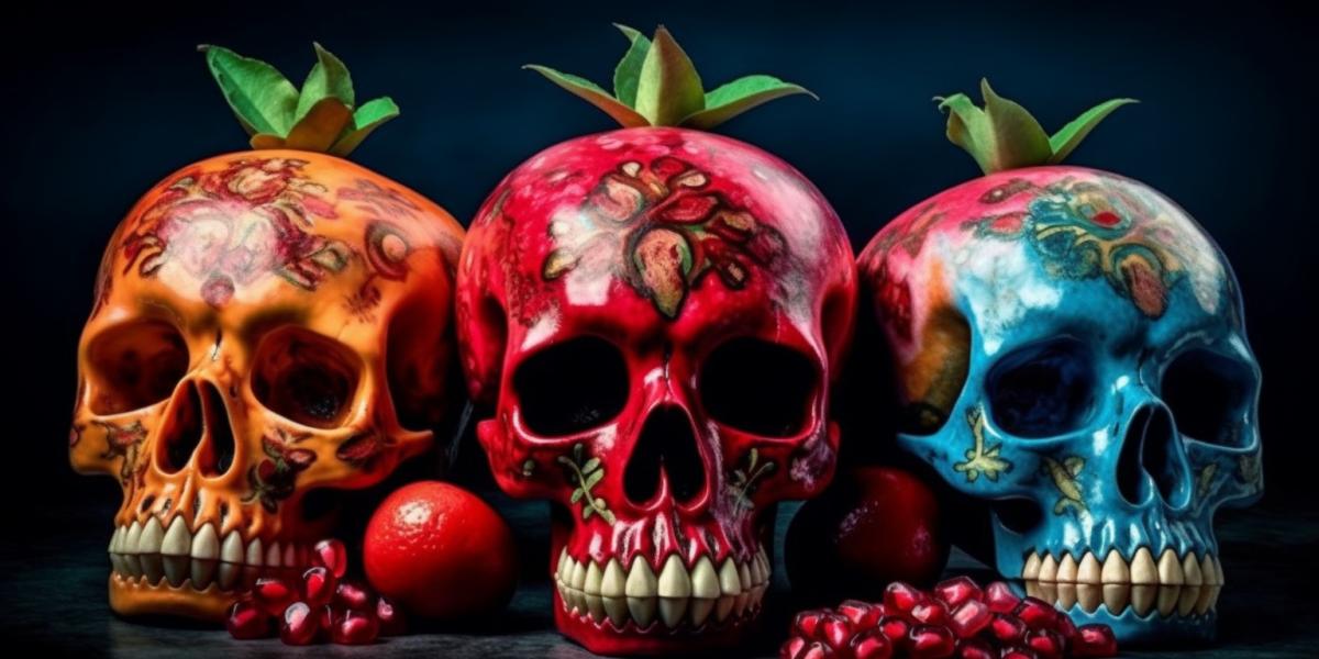 Skulls in the style of the cartoon Cocos Mystery look out of the opened pomegranate. Bright colors. Mexican Feast of the Dead. Hyperrealism.