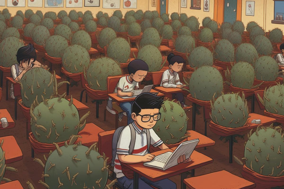 Schoolchildren at school studying a huge cactus