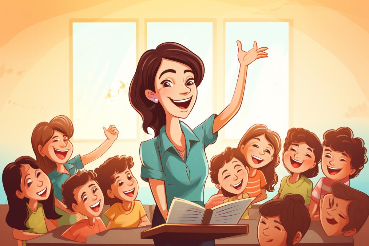 A whimsical classroom teacher laughing with elementary students, illustrated in a vibrant, cartoon style