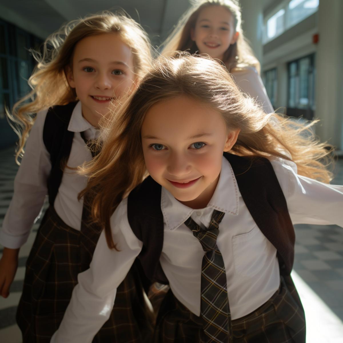 Three girls students are friends with Russian features.In the public elementary school, they play a game of jumping squares in the school corridor, dressed in school uniforms, in the morning under the rays of the sun, their features are Russian with brown hair pulled down and soft.Brown eyes and a small nose , They smile cenimatic lighting 8k