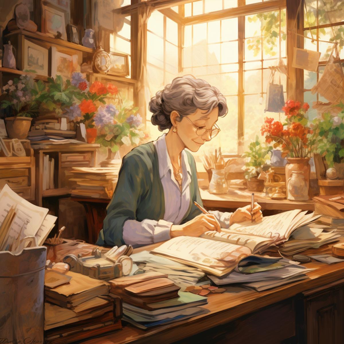 50-something female professor sat at a cluttered desk writing a letter in a cramped university teachers office room interior, deep in thought, storybook illustration by akihiko yoshida and thomas kinkade and beatrix potter