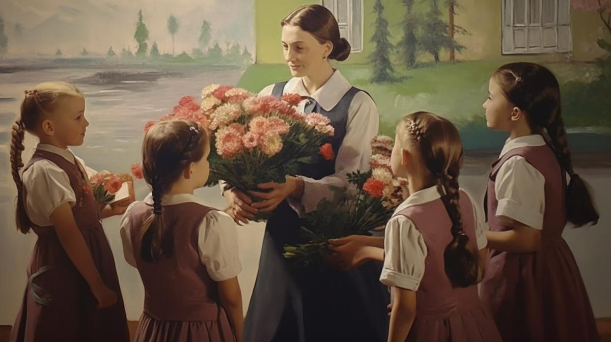 Children in school uniform give flowers to the teacher