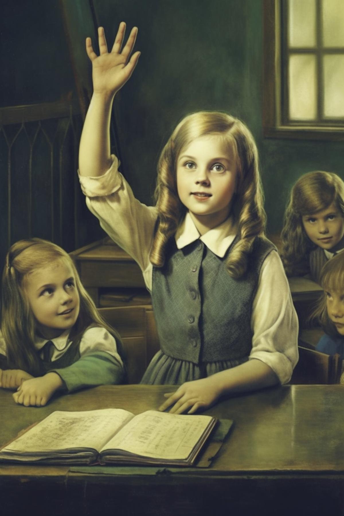 The girl at the school desk raises her hand to answer
