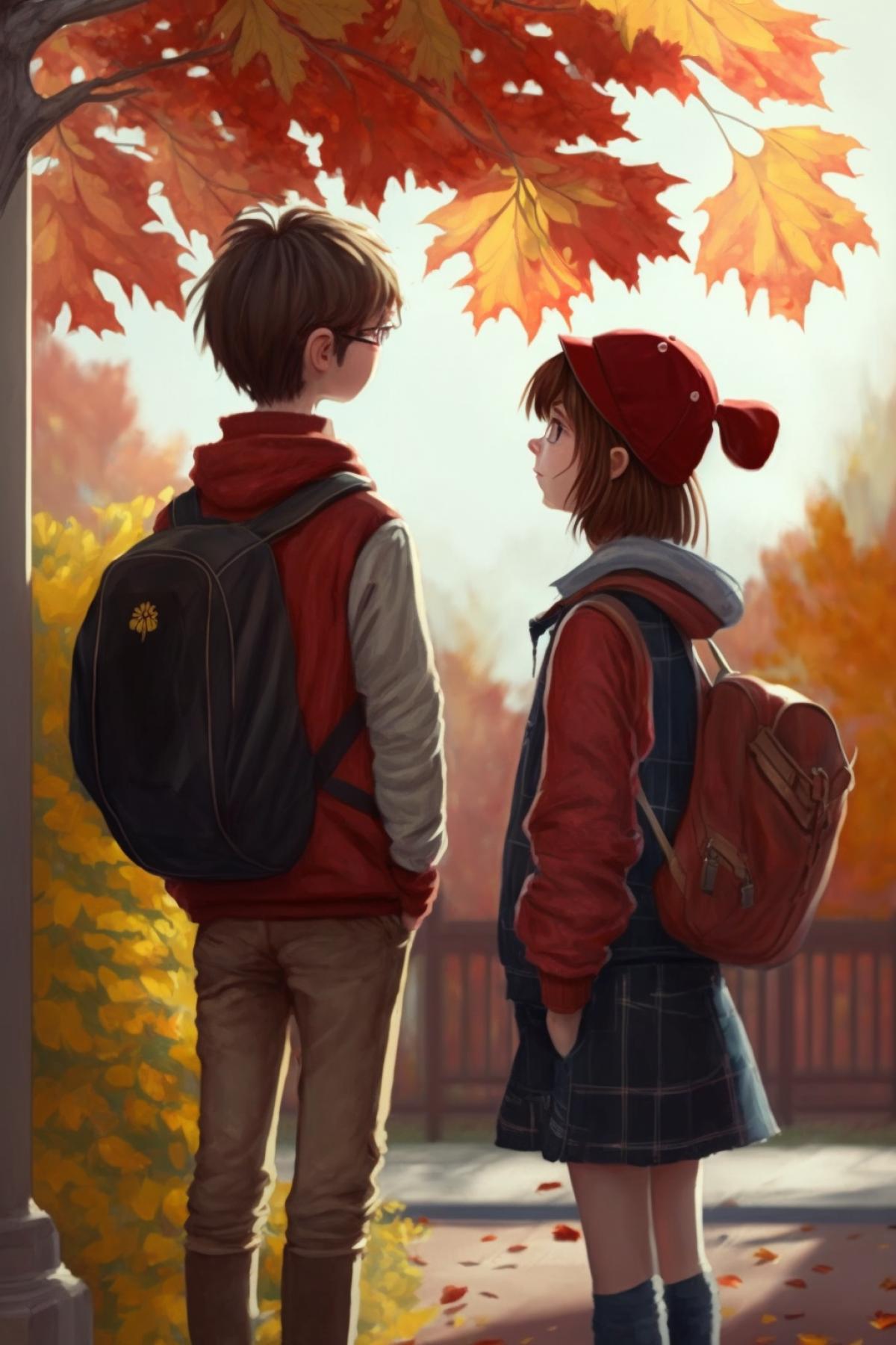 dressed-up girl and boy sadly go to school, there is a backpack on the back, sunny autumn outside, beautiful