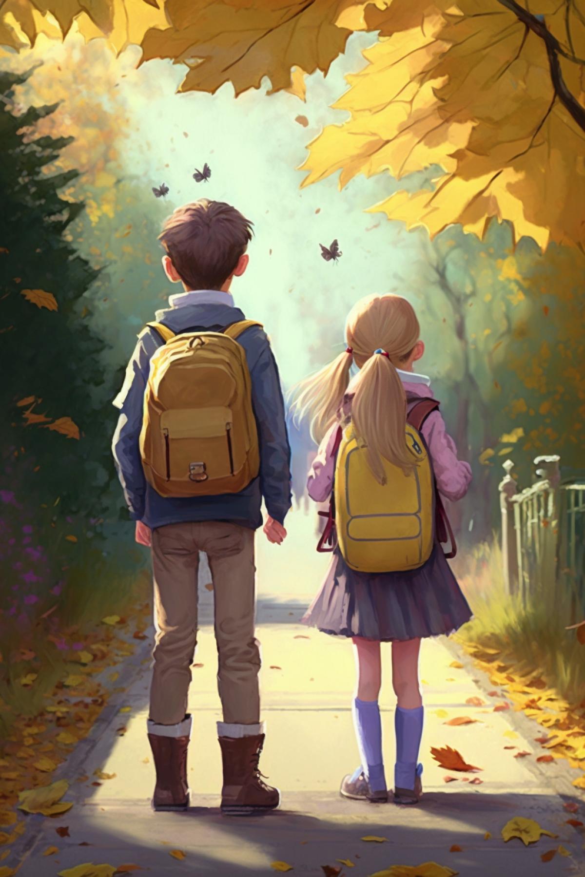 dressed-up girl and boy sadly go to school, there is a backpack on the back, sunny autumn outside, beautiful