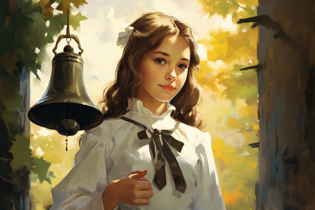 The first school bell, a girl in a school uniform, with white bows, rings a big bell Soviet poster style