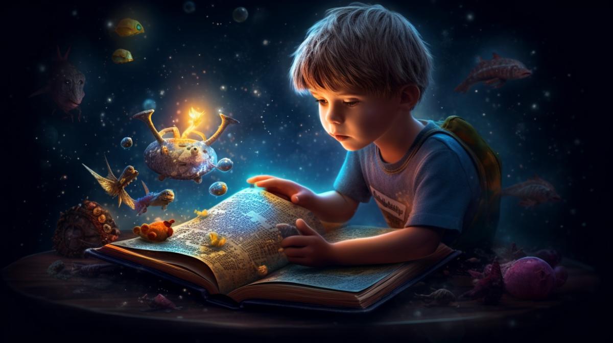 little boy reading a book and looking at space objects around him, in the style of exciting lighting effects, magical creatures, Brandon Woolfel, Larry Carlson, daz3d, photorealistic techniques, tabletop photography