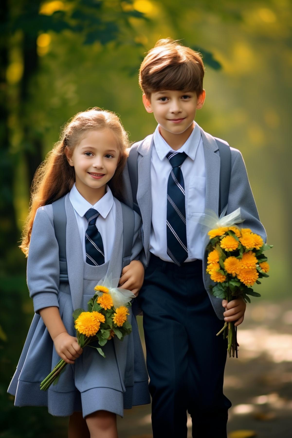joyful children in a gray beautiful school uniform carry bouquets of flowers go to school on September 1 healing scenery HD HD , hyper realistic, magic, fantasy, com4k