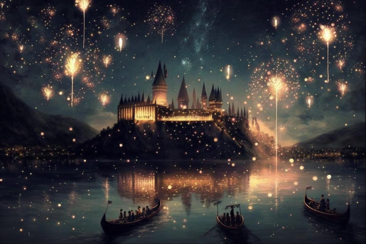 Hogwarts in lights, lake, boats with young wizards, a lots of stars above their heads, smiles, magic, fantasy, excitement