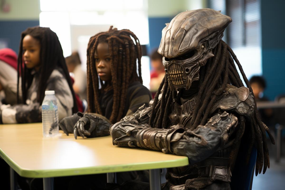 the predator from the movie predator, the alien from movie alien, the terminator from movie terminator sit at desks at school on September 1