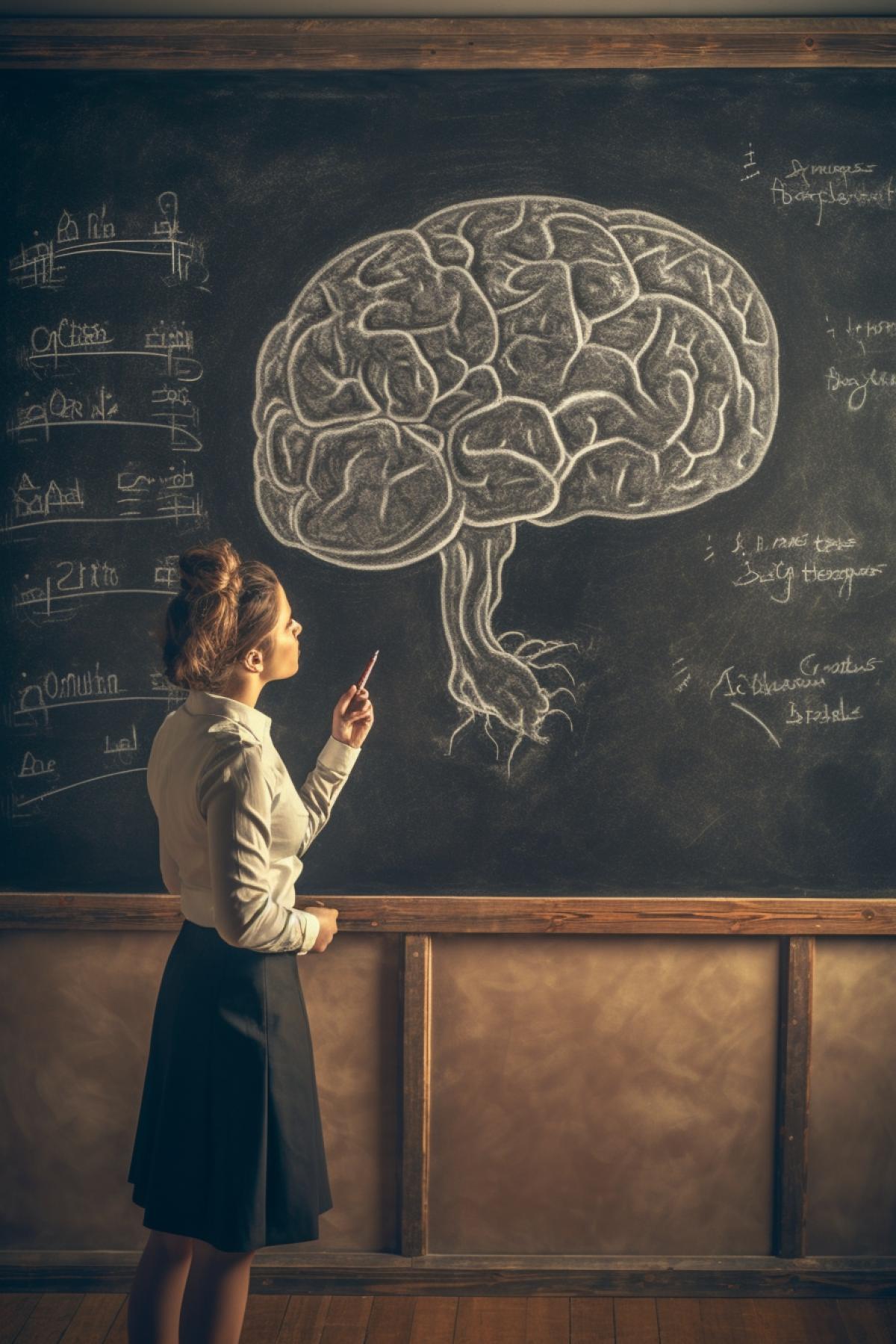 The teacher stands at the darkboard, pointing her finger at the brain drawn in chalk