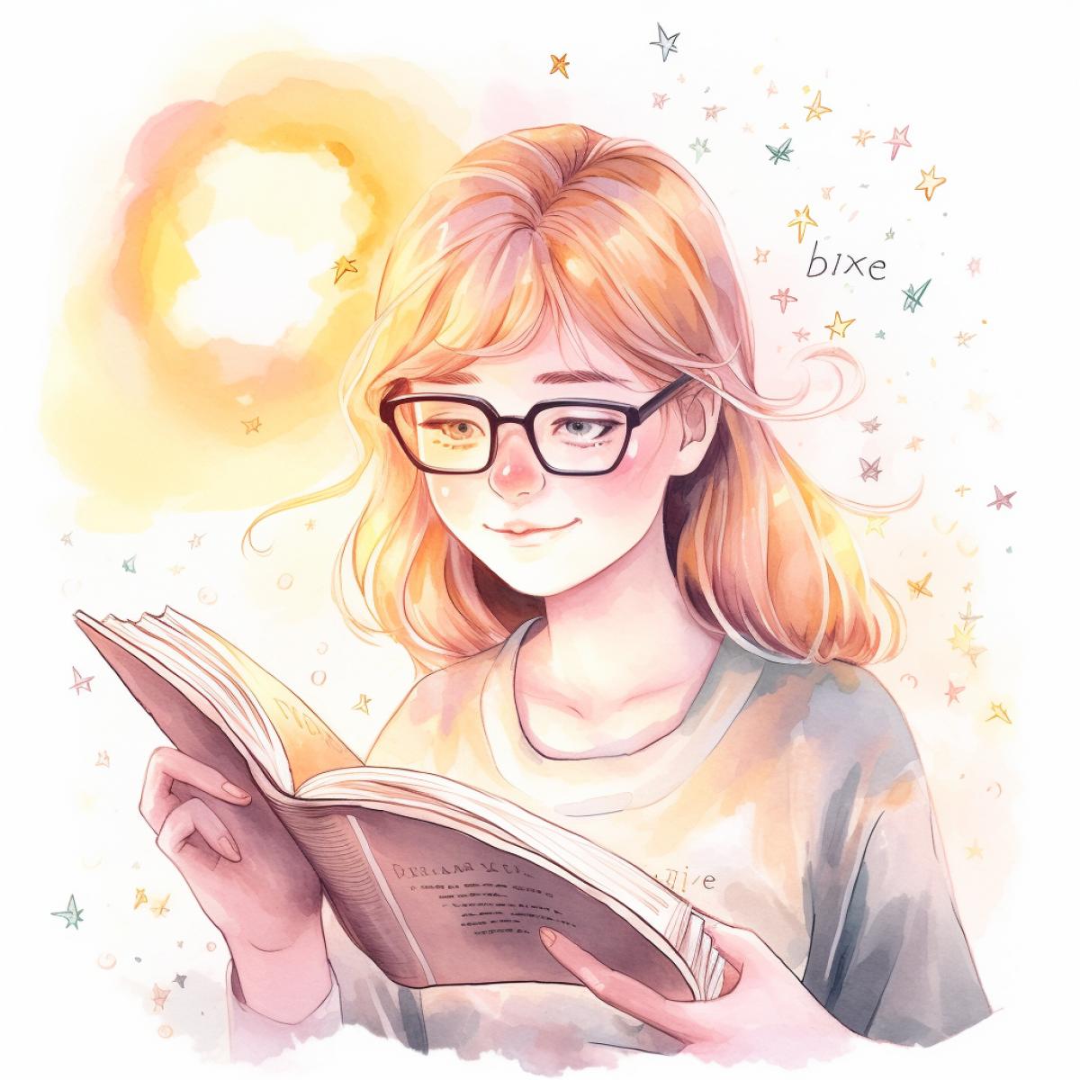 Learning is light! :: symbolism, sketch, markers, watercolor, liner, illustration, minimalism, natural colors. A girl reads a book from which symbols of knowledge fly out