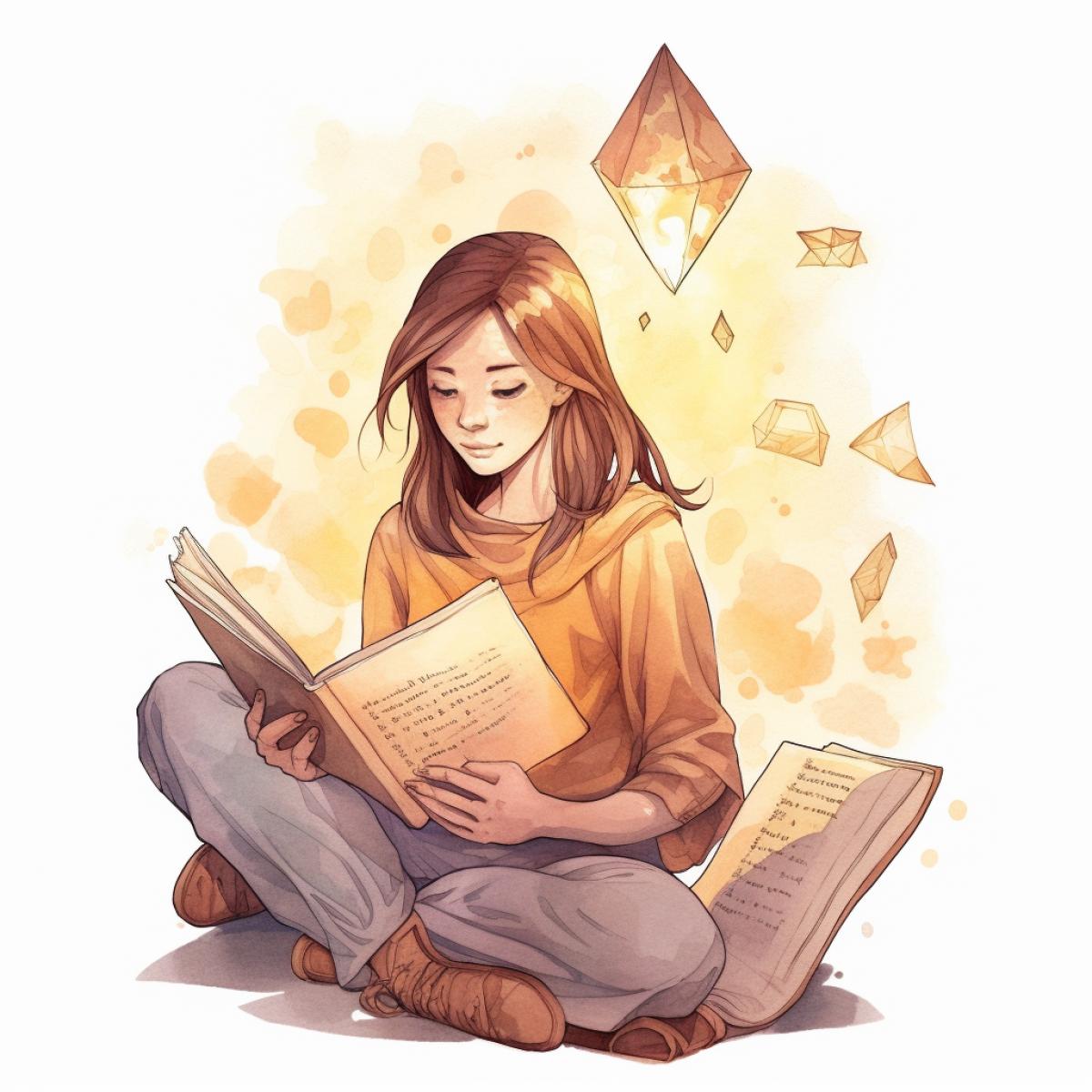 Learning is light! :: symbolism, sketch, markers, watercolor, liner, illustration, minimalism, natural colors. A girl reads a book from which symbols of knowledge fly out