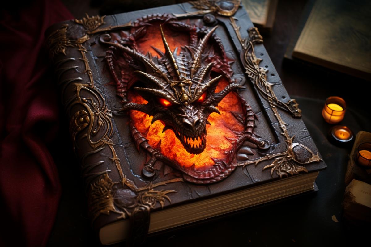 the cover of the tome of dragons, a medieval book with decorated leather cover, d&d, fantasy art