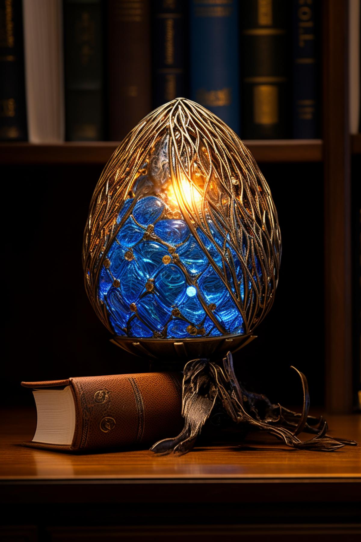 an extremely beautiful and intricate object dart of a bluebird in a nest with eggs made of iridescent blue and brown carnival glass, gold, and other precious metals inspired by the design and artistry of Gustav Klimt, inner glow, uplighting, sitting on an oak end table in front of a window along with a lamp and some leather bound books, studio lighting, glittering glass, exquisitely detailed glass, glints of fiery light, art nouveau, hyper-photorealism, extremely high-quality, artistic com4k, intricate details, sharp-focus photography, depth of field, 8k