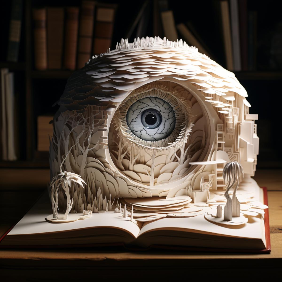 Human eye anatomy atlas as opened book, multi dimensional paper craft cut out, paper craft, carved paper layers, incredible detail, back lighting. Moody., shadows stretching, realistic materials, 3d, 4k, octane render, volumetric lighting