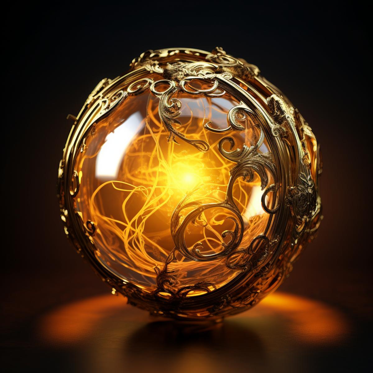 an magic orb inside a intricate filigree gold detailed. photo realistic, cinematic lighting