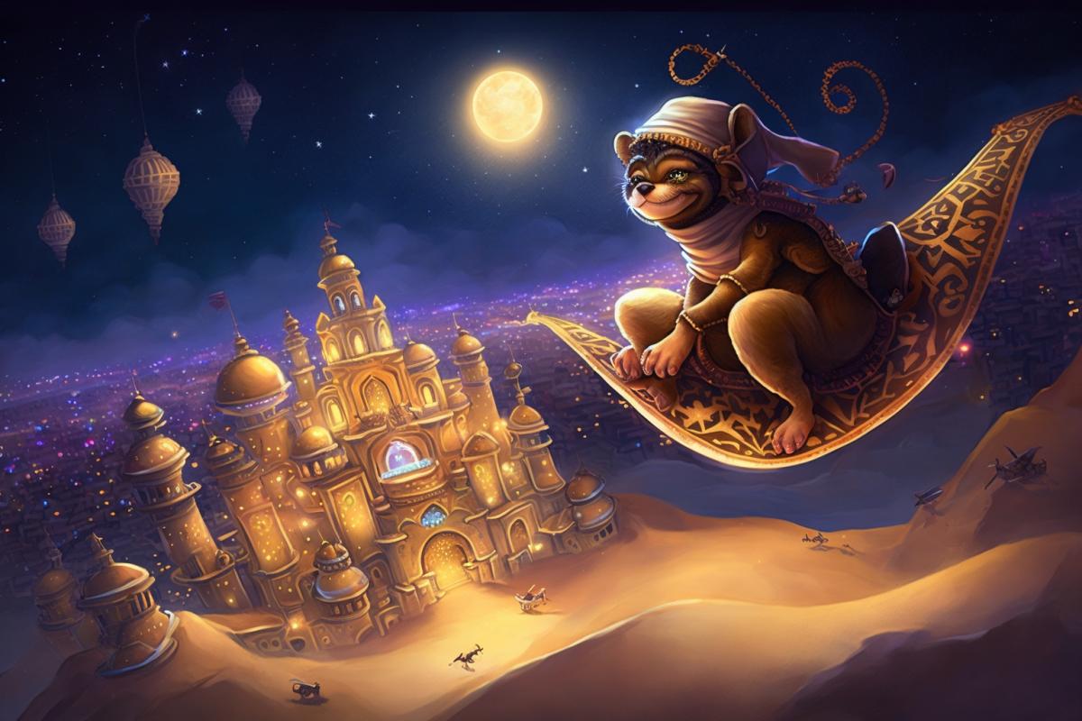 A monkey flying on the magic carpet, oriental ornaments, ancient Arabic city, sands, night, lights, stars