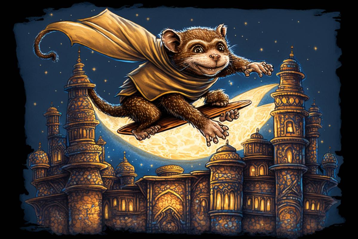 A monkey flying on the magic carpet, oriental ornaments, ancient Arabic city, sands, night, lights, stars
